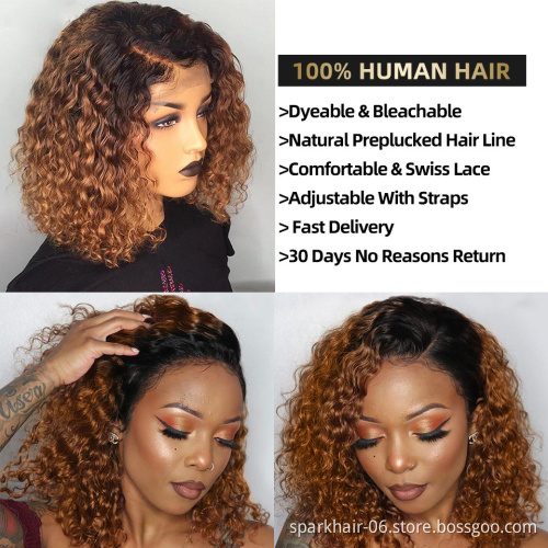 Factory Wholesale Colored Curly Bob Wigs Human Hair 1B/30, 8-16'' Brazilian Bob Lace Wig, Curly Short Bob Wigs 100% Human Hair